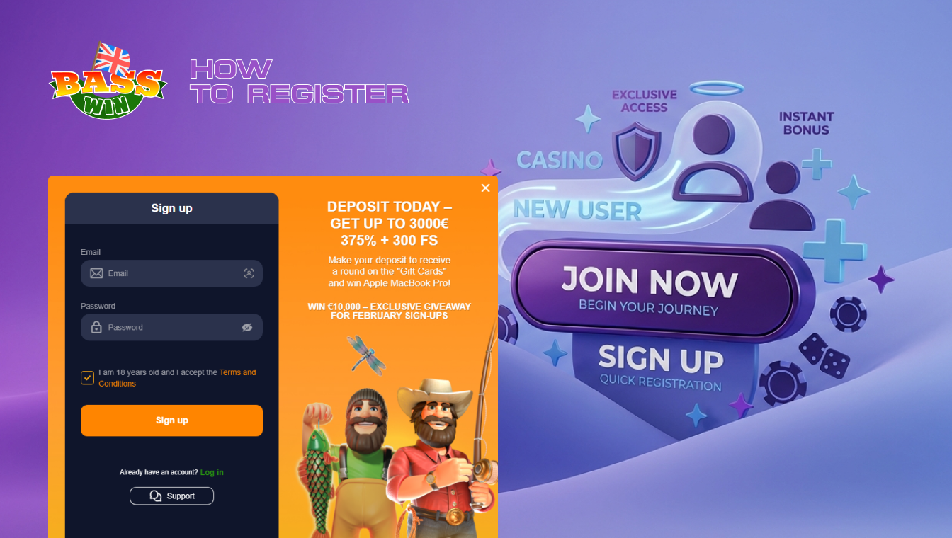 Step-by-step visual guide showing the BassWin registration form fields on a desktop browser.
